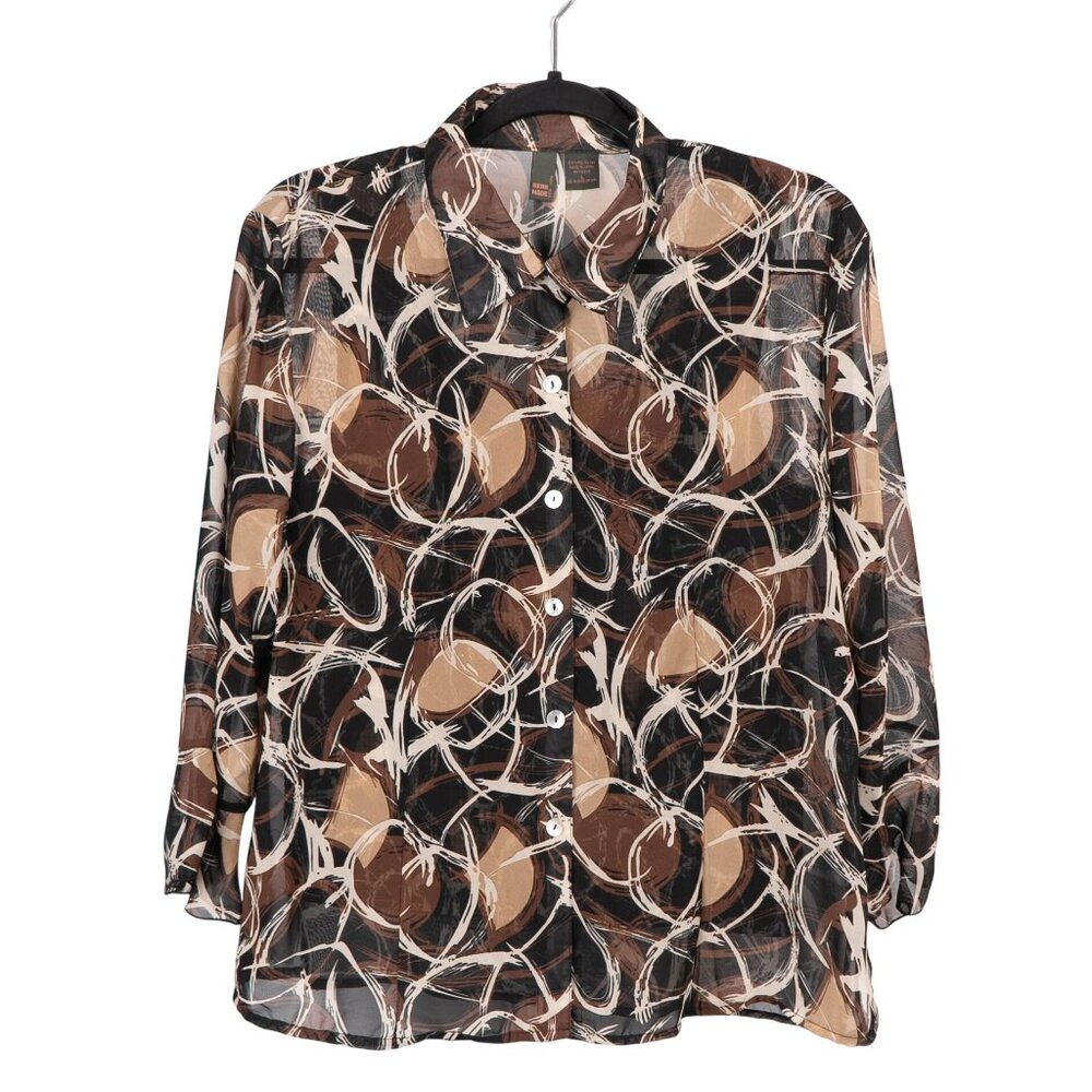 Sere Nade Sheer Button-Up Blouse Tank Top Set L Womens Abstract Brown Beige